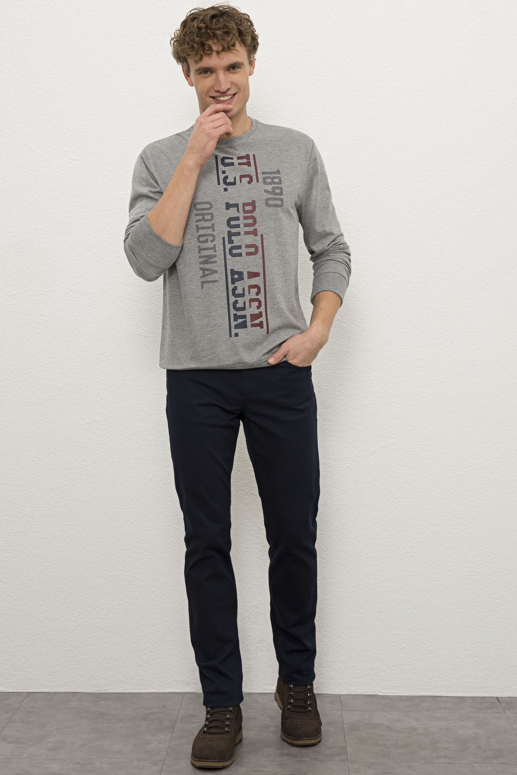 Erkek Gri Melanj Bisiklet Yaka Sweatshirt - Image 4