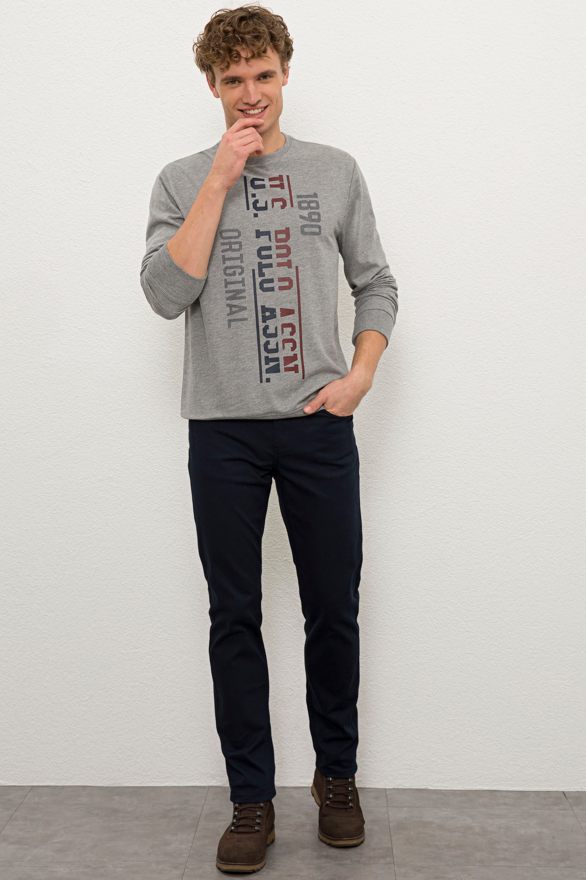 Erkek Gri Melanj Bisiklet Yaka Sweatshirt
