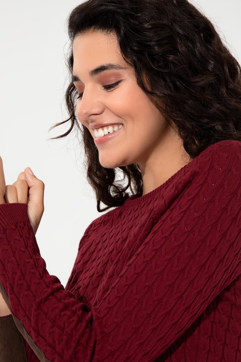 Kadın Bordo Basic Kazak - 50255659006