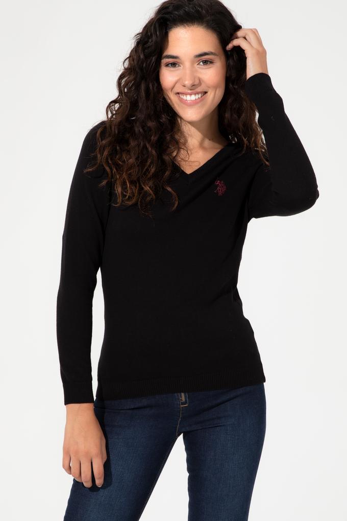 Kadın Siyah V Yaka Basic Kazak