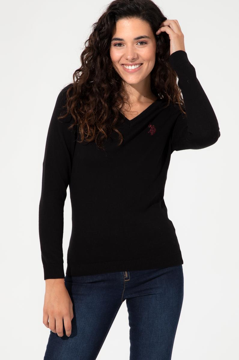 Kadın Siyah V Yaka Basic Kazak