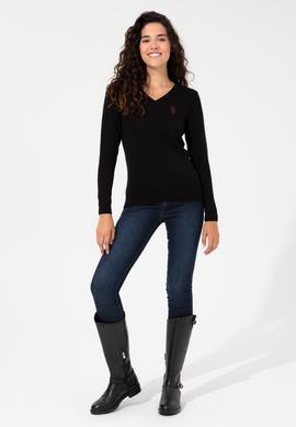 Kadın Siyah V Yaka Basic Kazak - 50251903013
