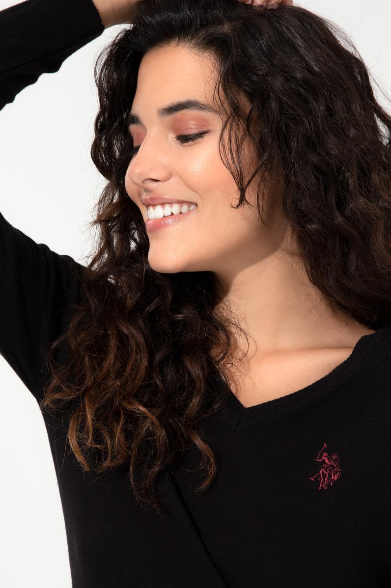 Kadın Siyah V - Yaka Basic Kazak