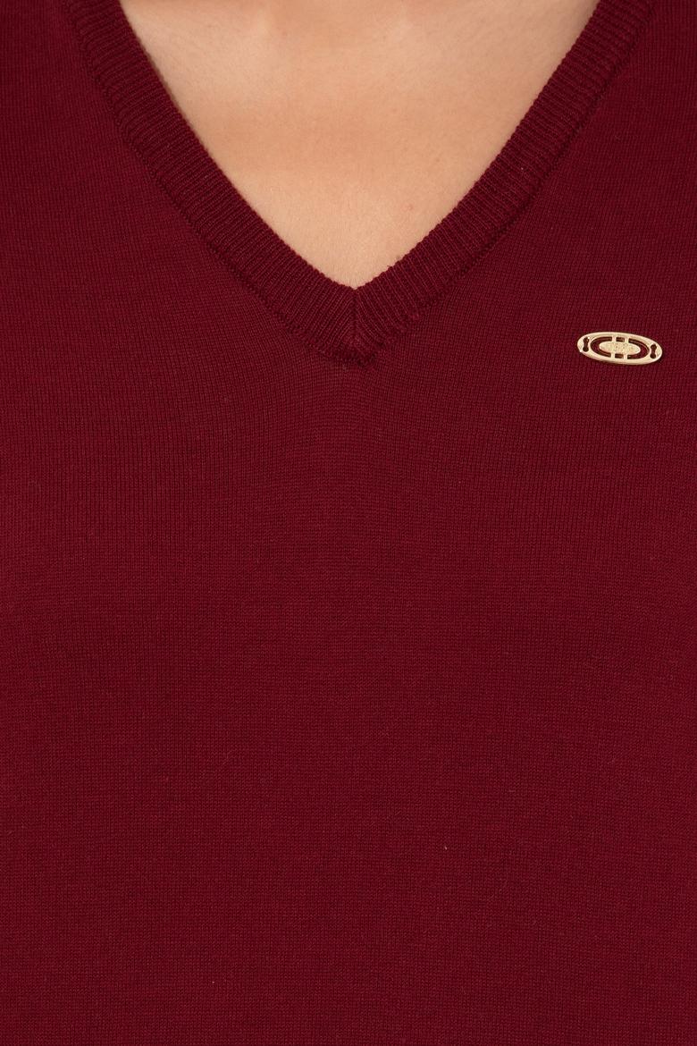 Kadın Bordo Basic V Yaka Kazak - 50251912005