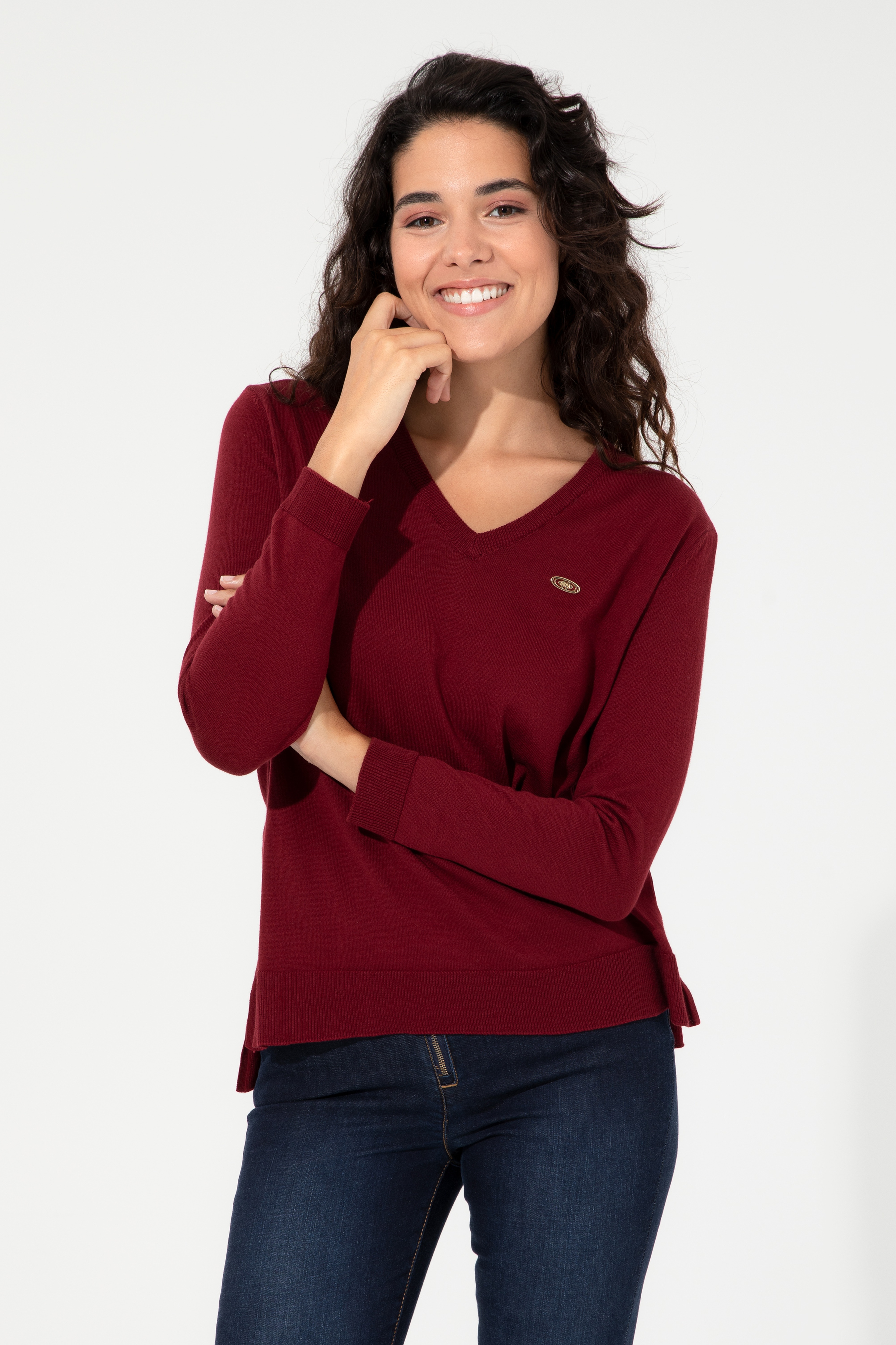 Kadın Bordo Basic V Yaka Kazak - Image 1