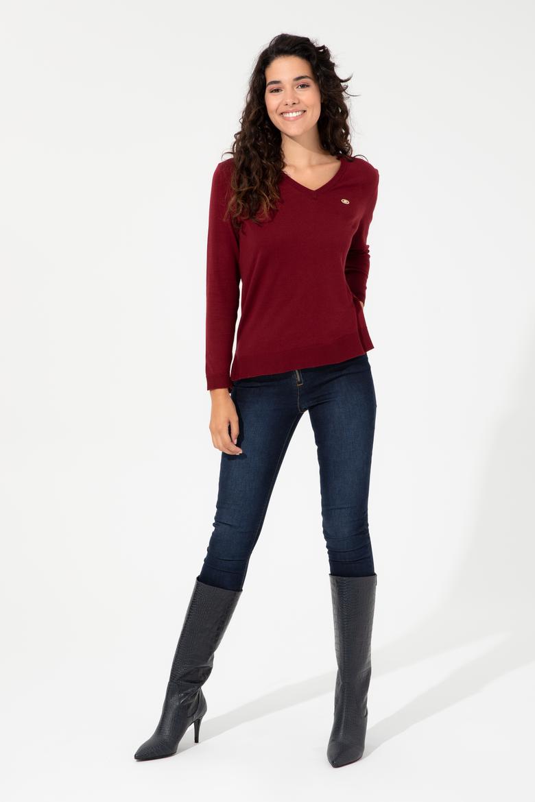 Kadın Bordo Basic V Yaka Kazak - 50251912005