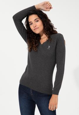 Kadın Antrasit Melanj V Yaka Basic Kazak - 50251913033