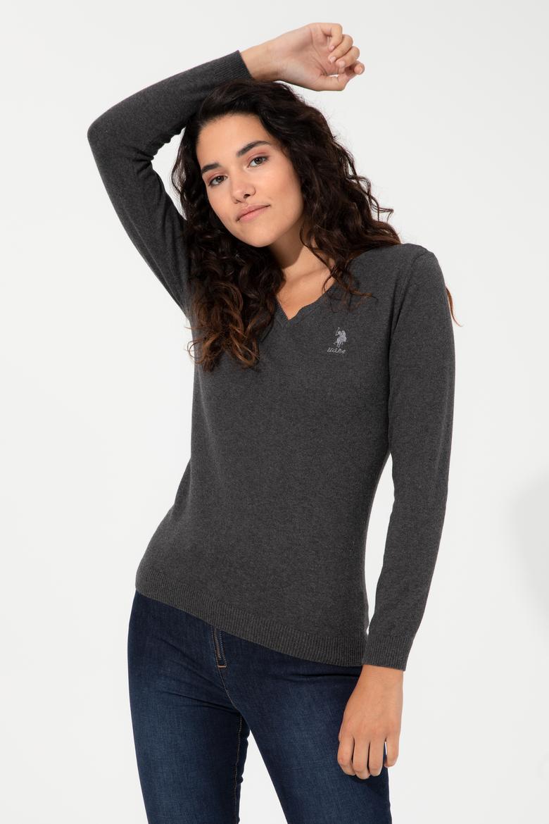 Kadın Antrasit Melanj V Yaka Basic Kazak - 50251913033