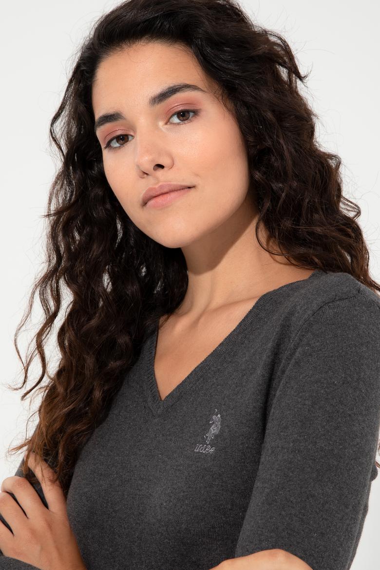 Kadın Antrasit Melanj V Yaka Basic Kazak - 50251913033