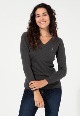 Kadın Antrasit Melanj V Yaka Basic Kazak - 50251913033