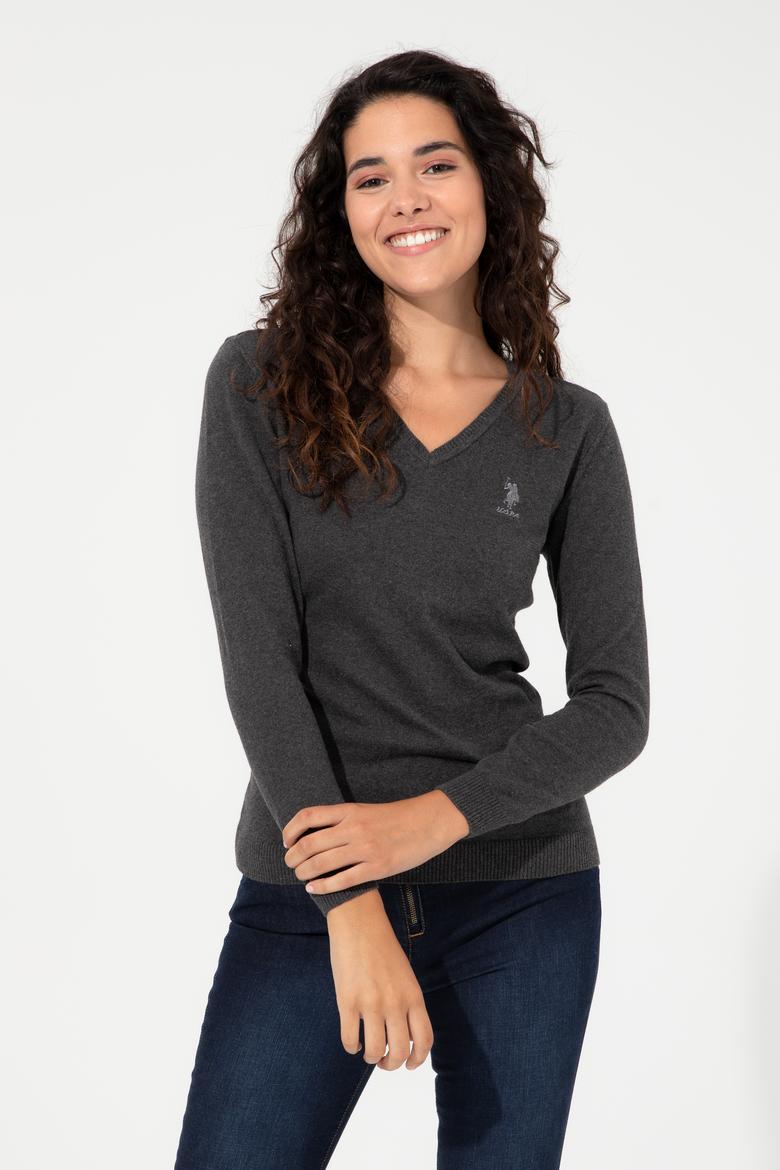 Kadın Antrasit Melanj V Yaka Basic Kazak