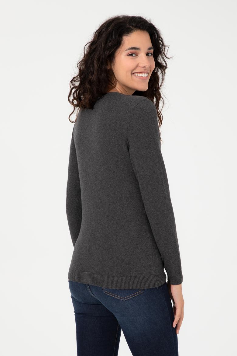 Kadın Antrasit Melanj V Yaka Basic Kazak - 50251913033