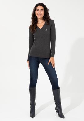 Kadın Antrasit Melanj V Yaka Basic Kazak - 50251913033
