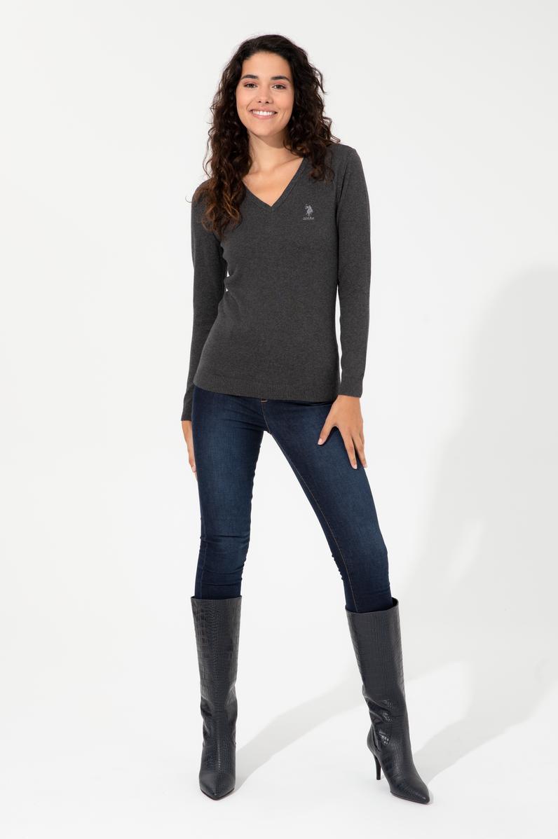 Kadın Antrasit Melanj V Yaka Basic Kazak