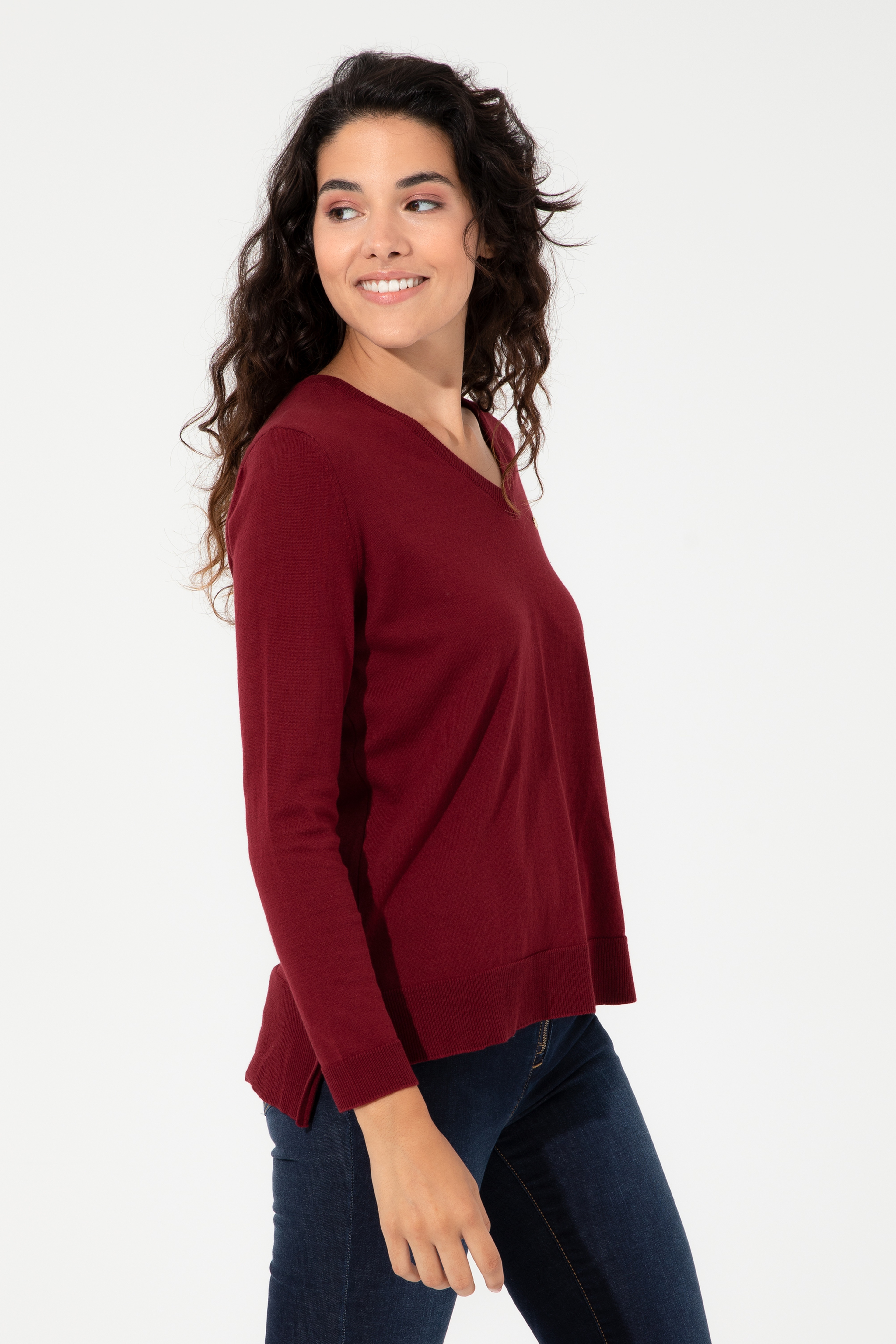 Kadın Bordo Basic V Yaka Kazak - Image 4