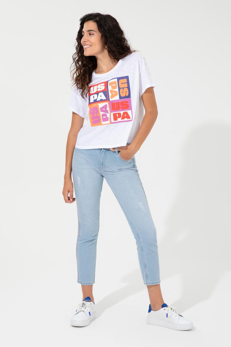 Kadın Mavi Bisiklet Yaka Crop Tişört - 50249005016