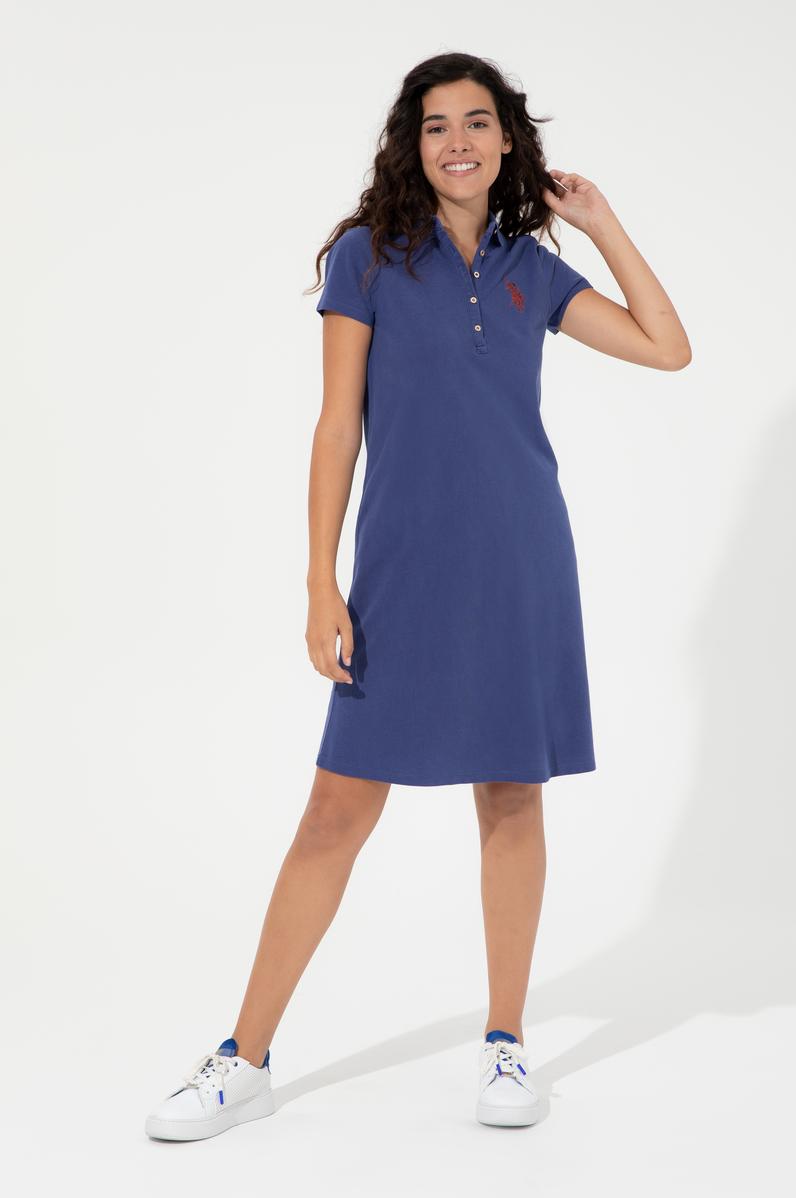 Kadın Mavi Polo Yaka Örme Elbise