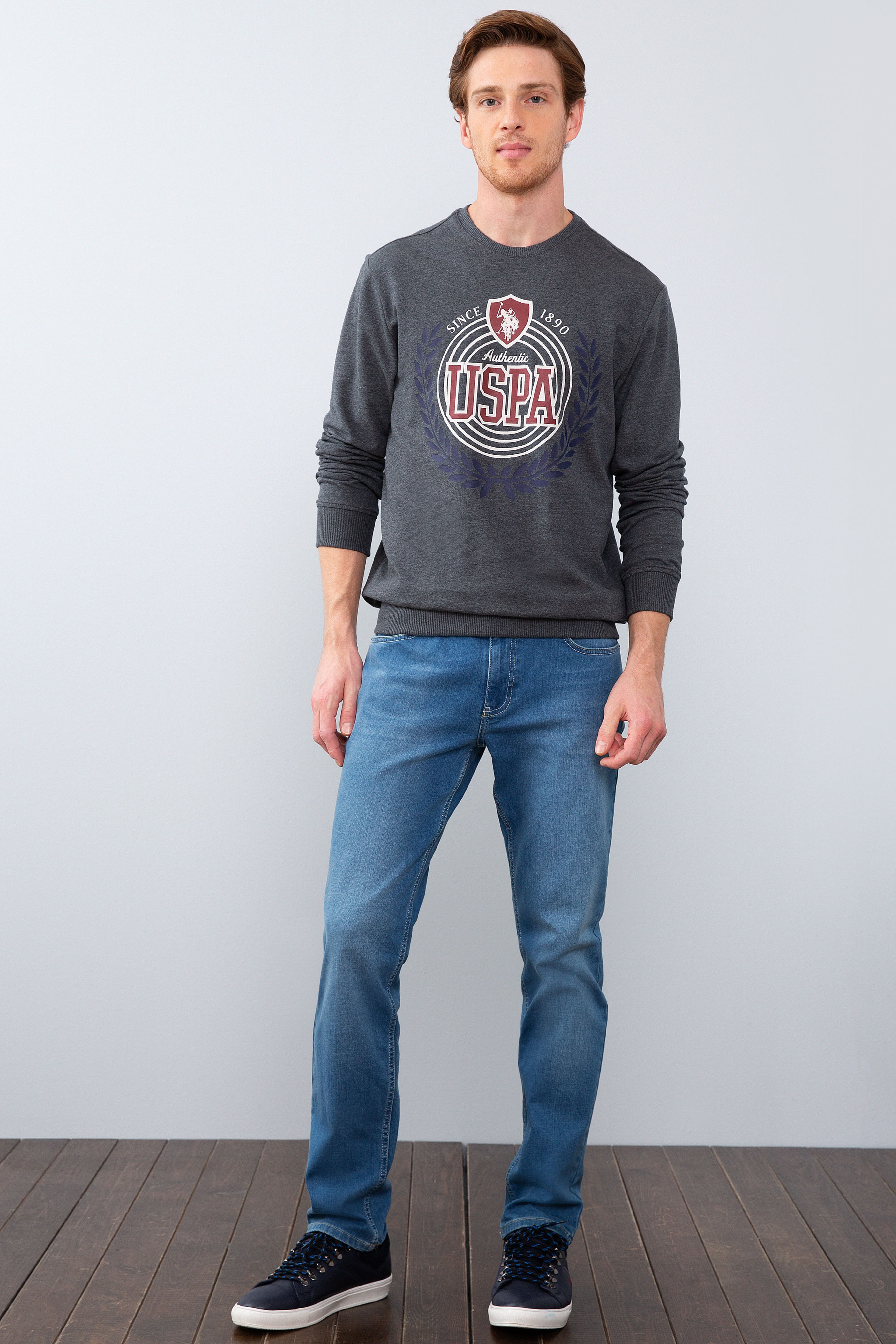 Erkek Koyu Gri Melanj Bisiklet Yaka Sweatshirt - Image 4
