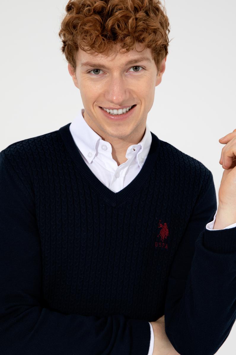 Erkek Lacivert V Yaka Basic Triko Kazak