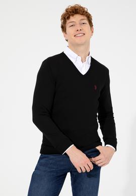 Erkek Siyah V Yaka Basic Triko Kazak - 50256658046