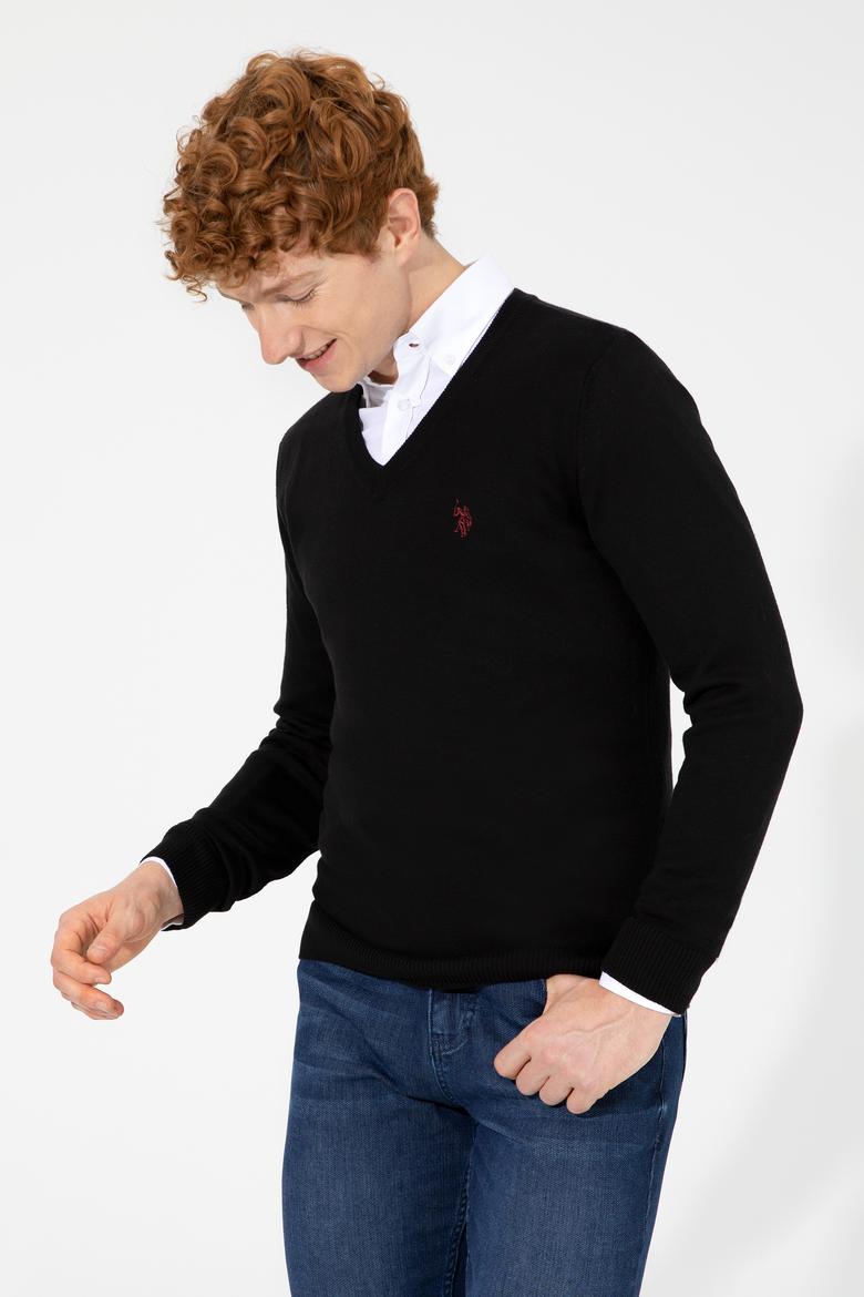 Erkek Siyah V Yaka Basic Triko Kazak - 50256658046