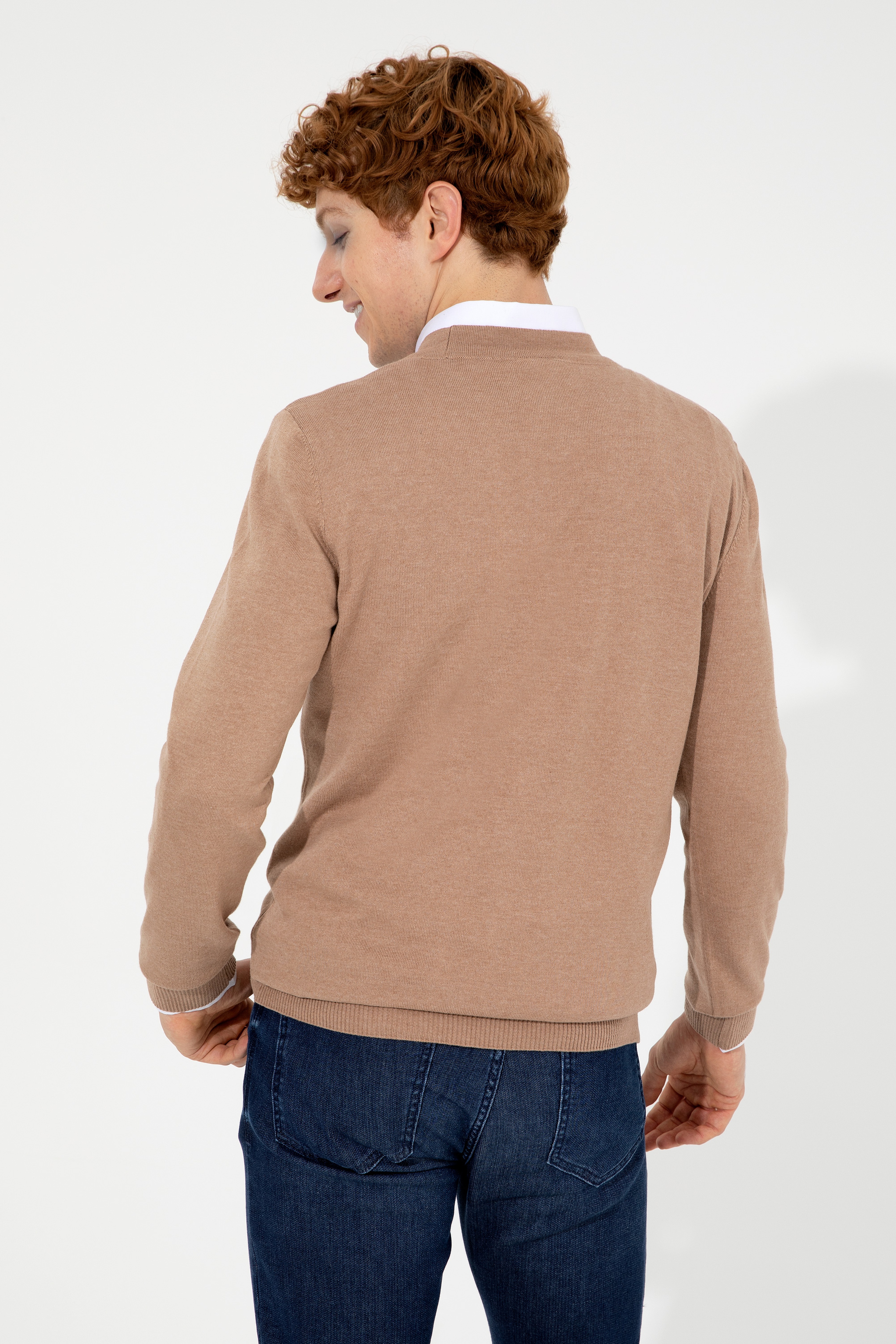 Erkek Camel Melanj Basic Triko Hırka - Image 5
