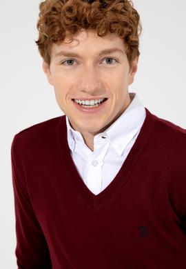 Erkek Bordo V Yaka Basic Triko Kazak - 50256658006