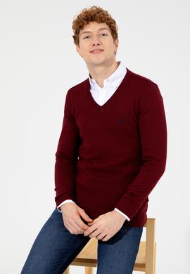 Erkek Bordo V Yaka Basic Triko Kazak - 50256658006