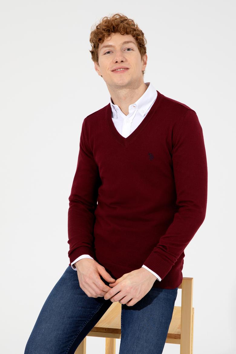 Erkek Bordo V Yaka Basic Triko Kazak - 50256658006
