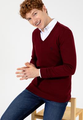 Erkek Bordo V Yaka Basic Triko Kazak - 50256658006