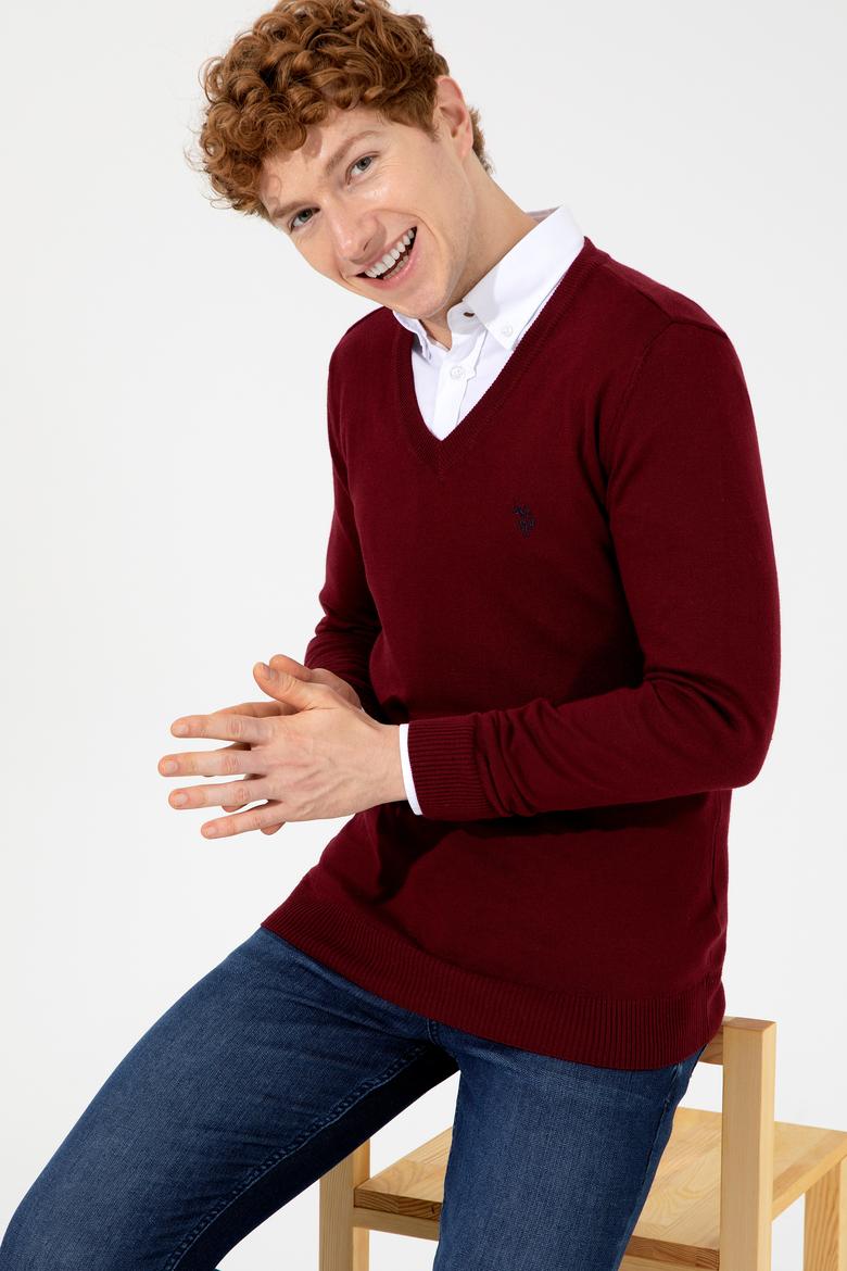 Erkek Bordo V Yaka Basic Triko Kazak - 50256658006