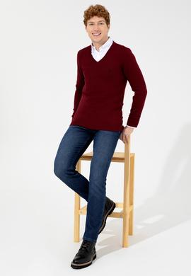 Erkek Bordo V Yaka Basic Triko Kazak - 50256658006