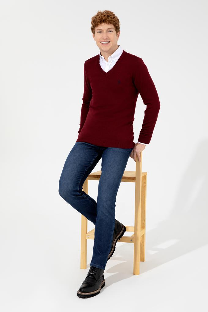 Erkek Bordo V Yaka Basic Triko Kazak