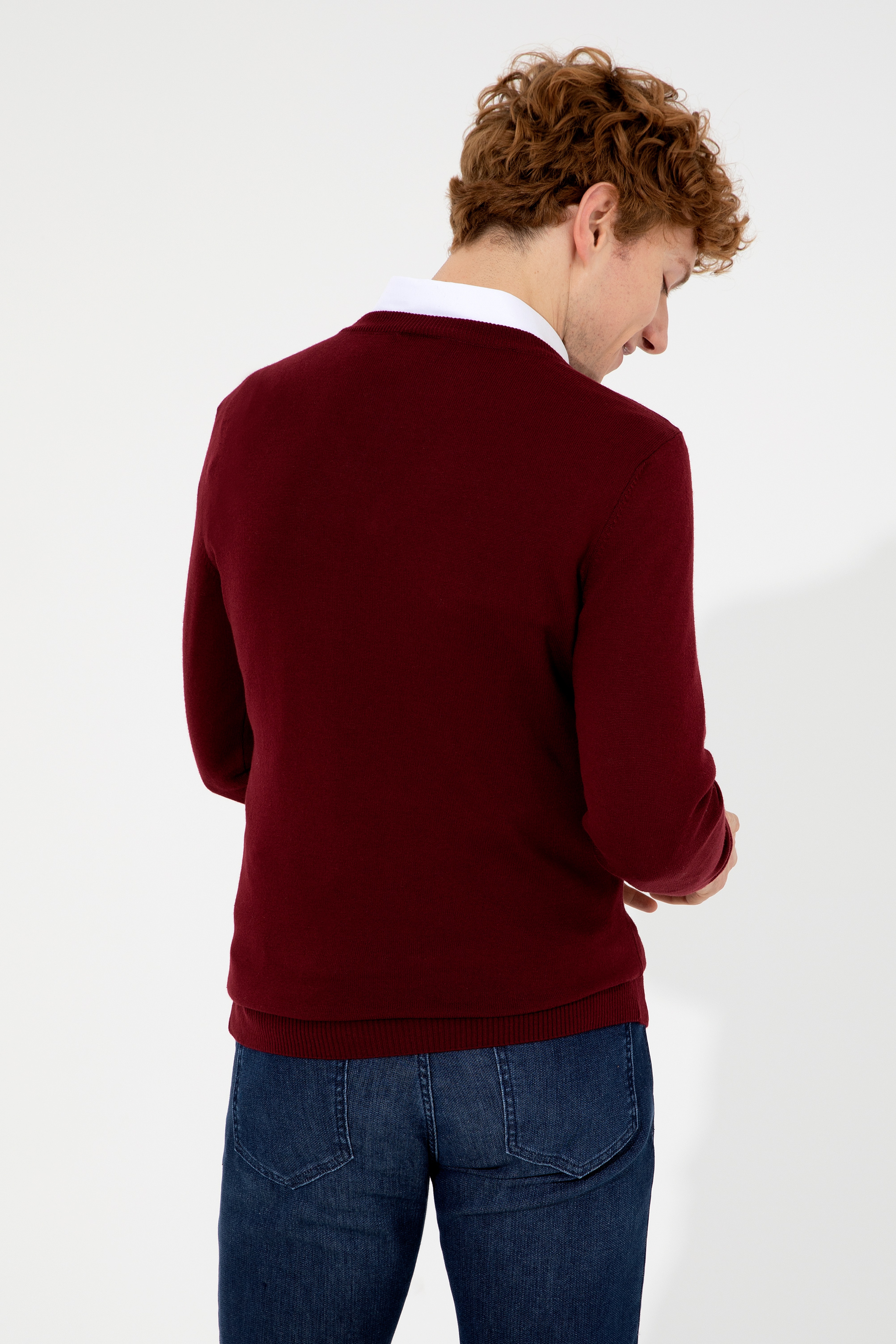 Erkek Bordo V Yaka Basic Triko Kazak
