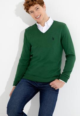 Erkek Yeşil V Yaka Basic Triko Kazak - 50256658056