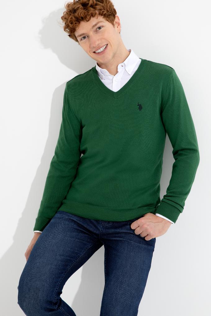 Erkek Yeşil V Yaka Basic Triko Kazak