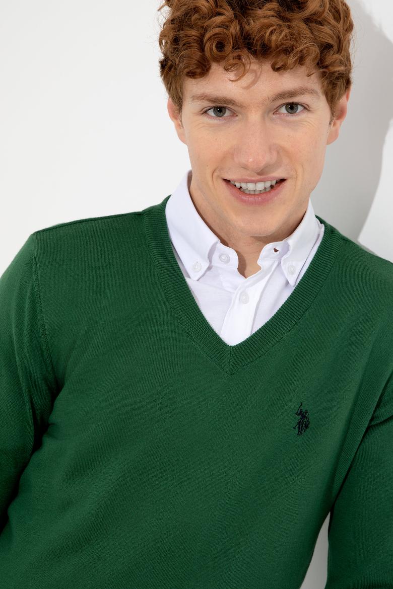 Erkek Yeşil V Yaka Basic Triko Kazak - 50256658056