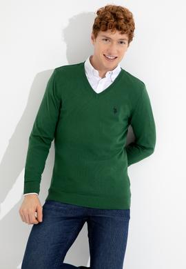 Erkek Yeşil V Yaka Basic Triko Kazak - 50256658056