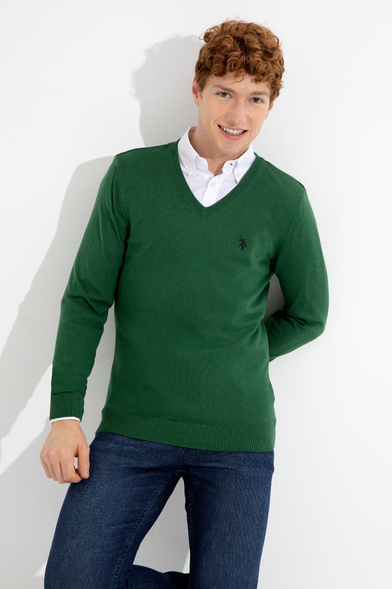 Erkek Yeşil V Yaka Basic Triko Kazak - 50256658056