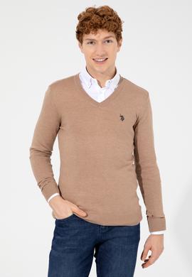 Erkek Camel Melanj V Yaka Basic Triko Kazak - 50256658076