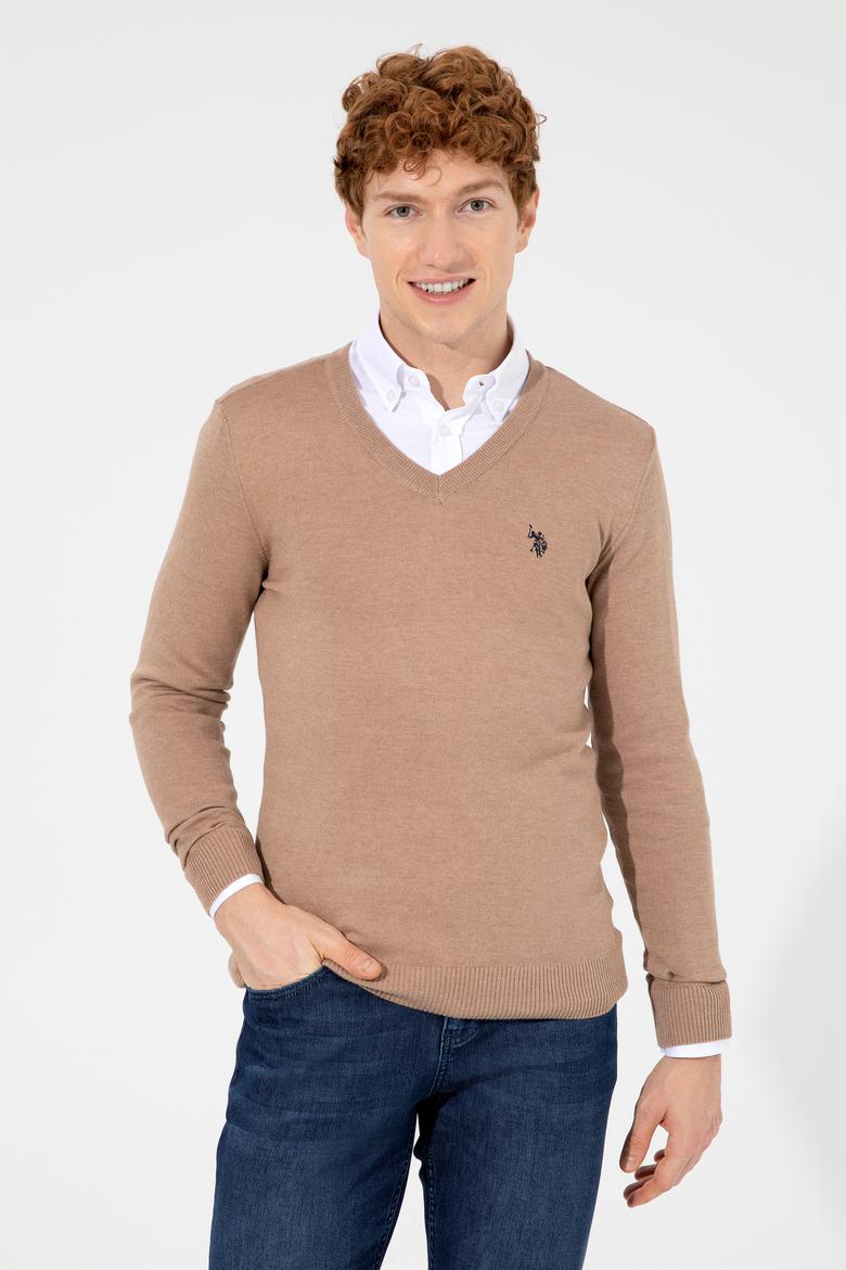 Erkek Camel Melanj V Yaka Basic Triko Kazak - 50256658076