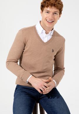 Erkek Camel Melanj V Yaka Basic Triko Kazak - 50256658076