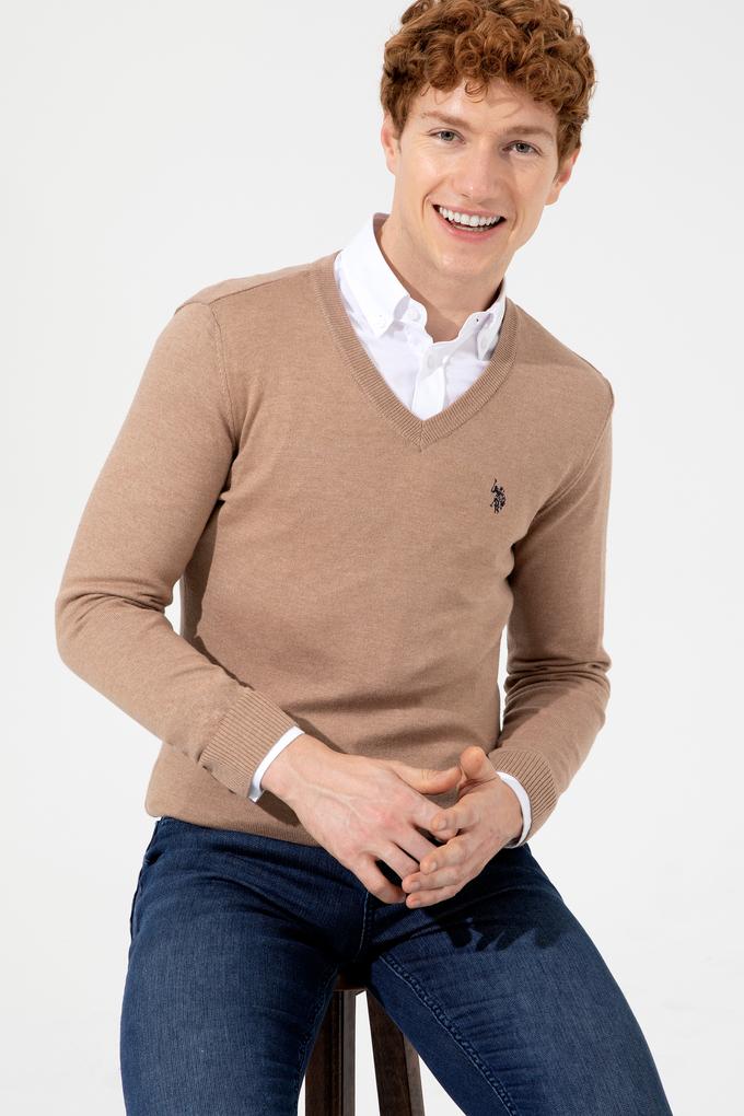 Erkek Camel Melanj V Yaka Basic Triko Kazak