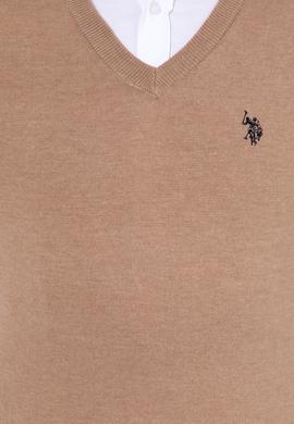 Erkek Camel Melanj V Yaka Basic Triko Kazak - 50256658076