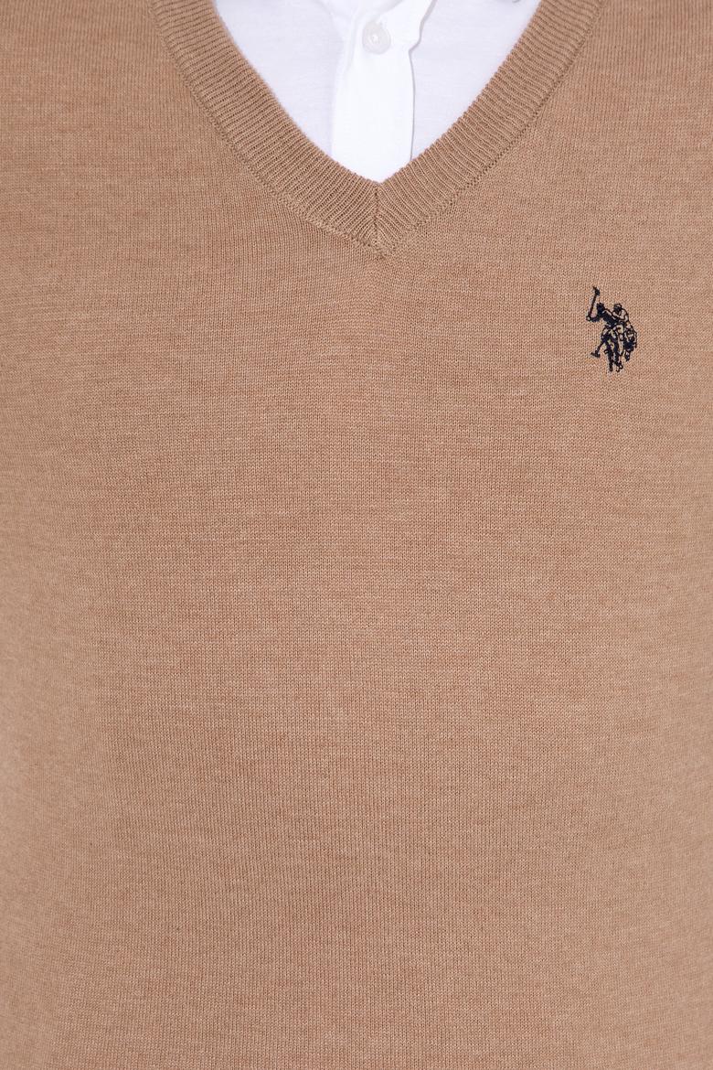 Erkek Camel Melanj V Yaka Basic Triko Kazak - 50256658076