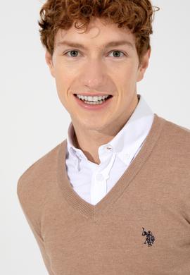 Erkek Camel Melanj V Yaka Basic Triko Kazak - 50256658076