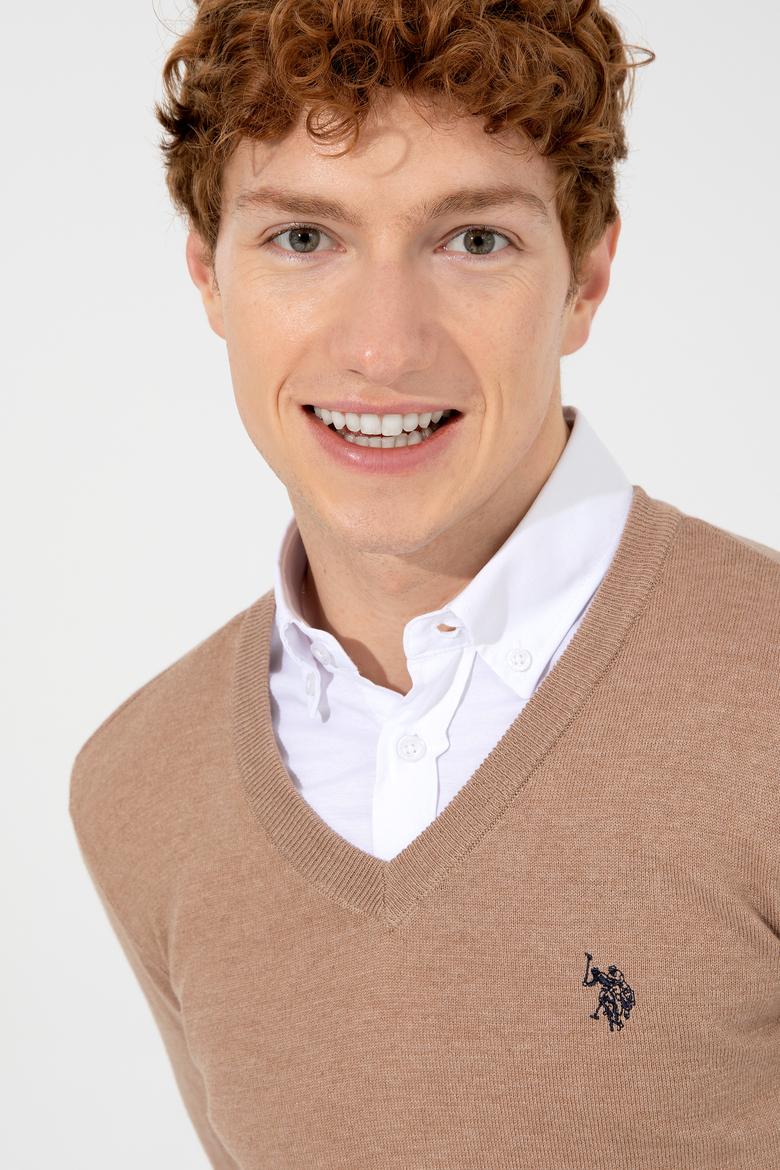 Erkek Camel Melanj V Yaka Basic Triko Kazak - 50256658076