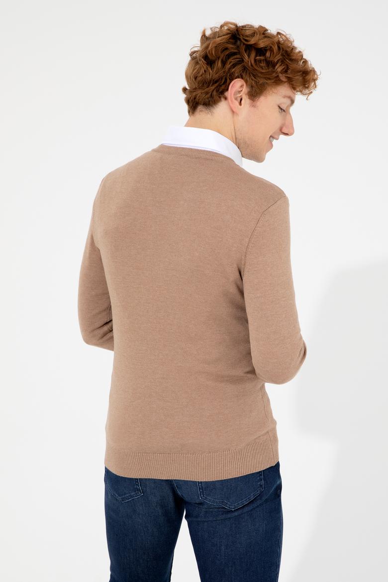 Erkek Camel Melanj V Yaka Basic Triko Kazak - 50256658076