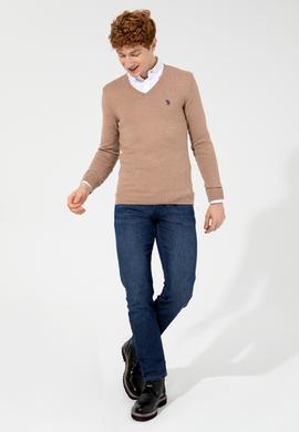 Erkek Camel Melanj V Yaka Basic Triko Kazak - 50256658076