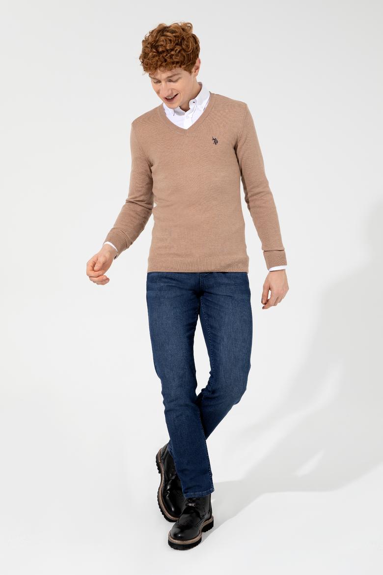 Erkek Camel Melanj V Yaka Basic Triko Kazak - 50256658076